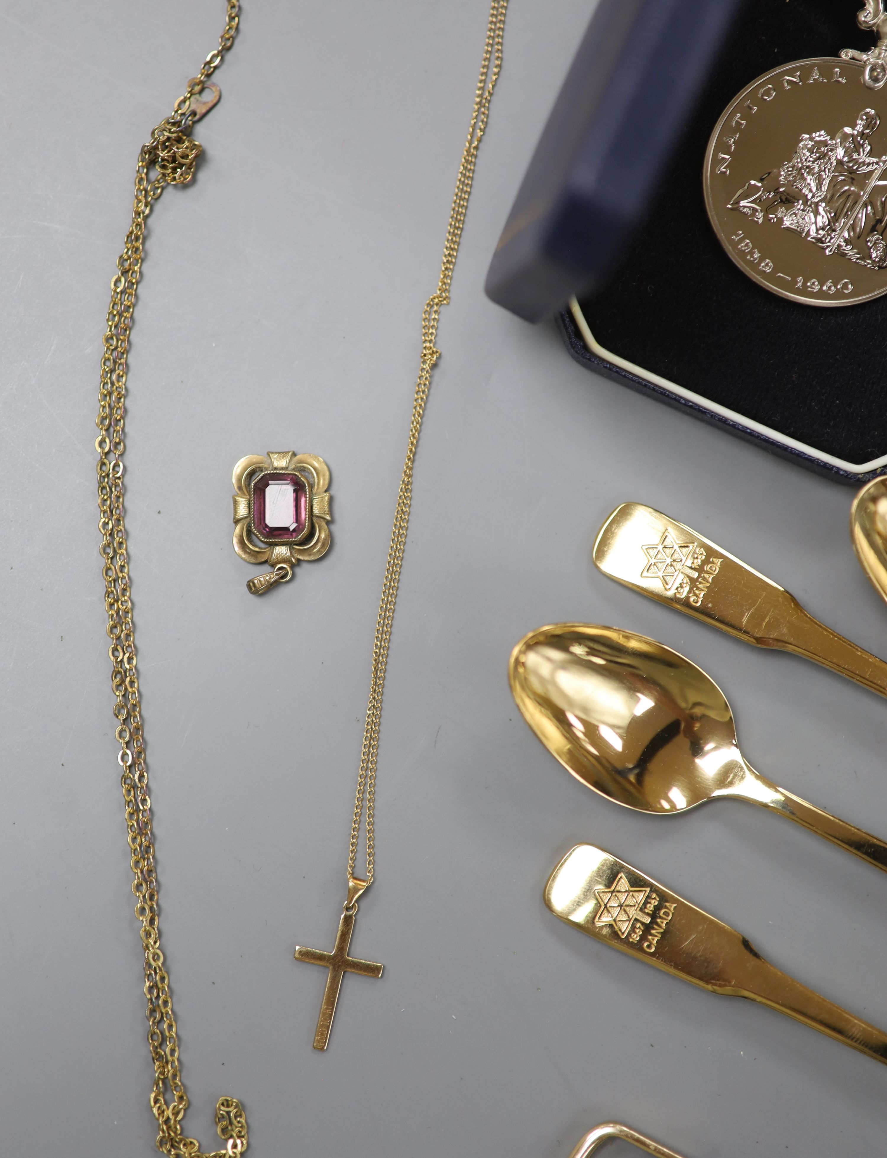 A 9ct and paste set ring, a 9ct gold aeroplane stud, 10kt cross pendant necklace and a quantity of other jewellery, watch, coins etc. including costume.